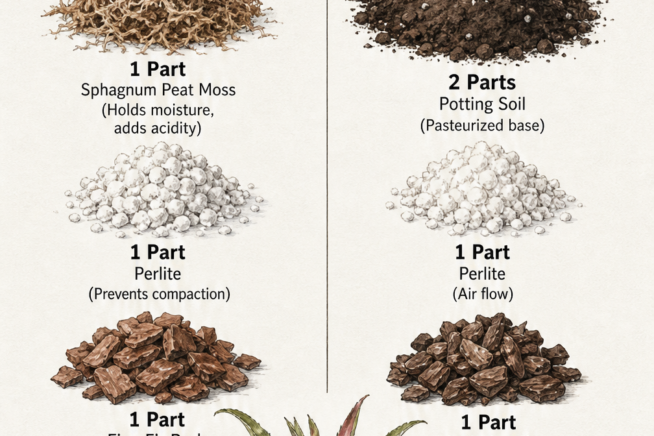Illustration comparing soilless and soil-based bromeliad potting mixes with exact ingredient proportions