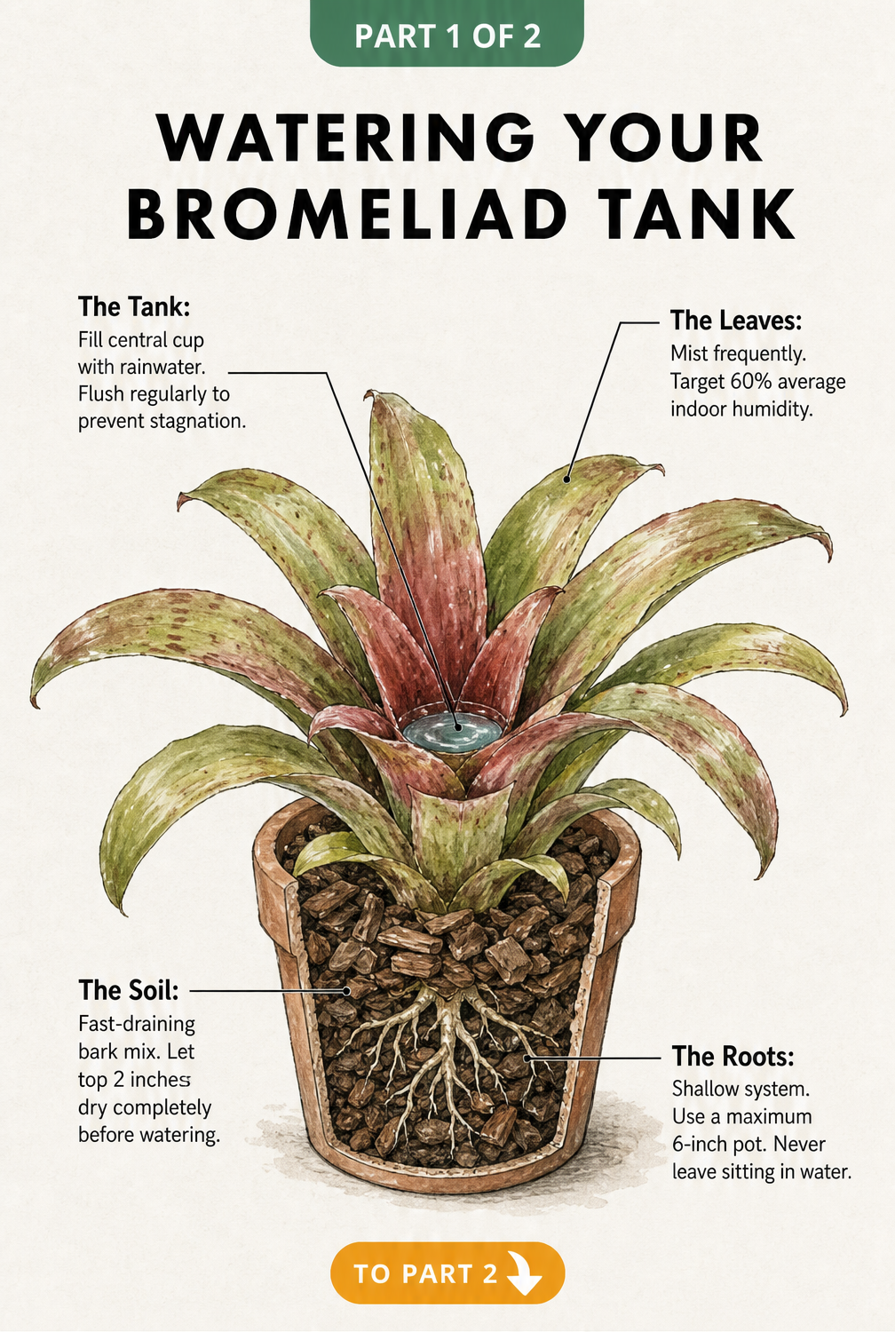 Botanical illustration showing how to water a bromeliad tank, mist leaves, and check soil moisture