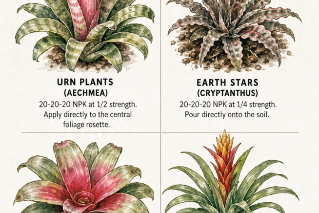 Botanical illustrations of four popular bromeliad varieties—Urn Plant, Earth Star, Blushing Bromeliad, and Guzmania—with specific fertilizer dosage...