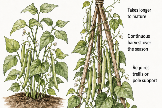 Hand-drawn botanical illustration comparing a compact bush bean plant with a vining pole bean plant growing on a wooden trellis.