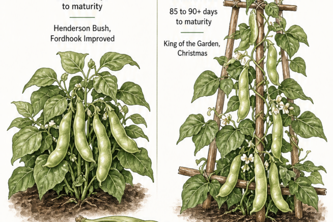 Comparison illustration of bush and pole lima bean varieties, showing growth habits and maturity times.