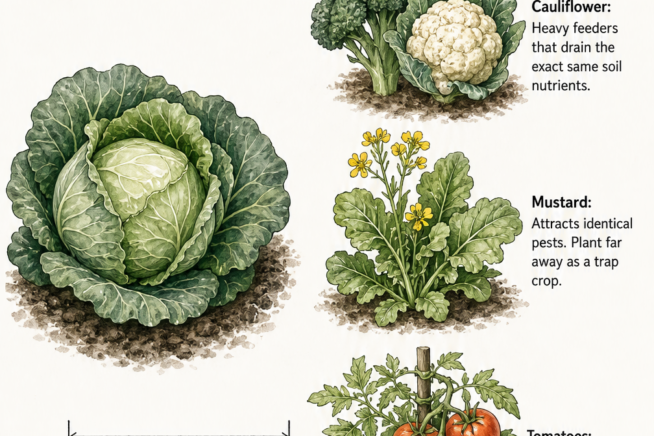Botanical illustration showing cabbage planted at least 4 feet away from combatant plants like broccoli, mustard, and tomatoes.