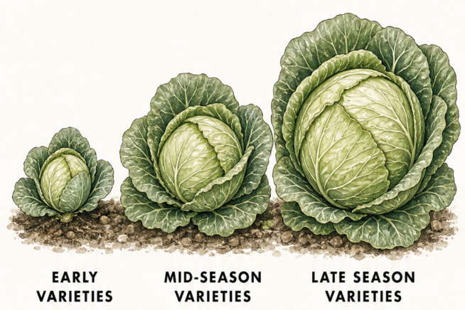 Illustration comparing early, mid-season, and late cabbage varieties by size and days to maturity