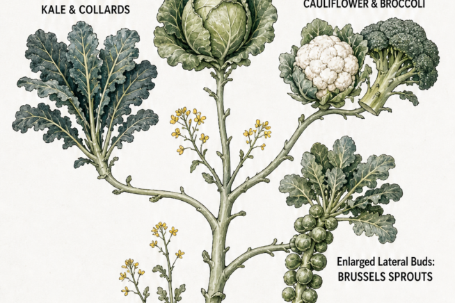 Botanical illustration showing the family tree of Brassica oleracea, from coastal wild cabbage to modern varieties like kale, broccoli, and Brussels sprouts.
