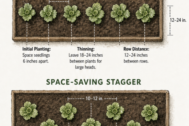 Top-down view of two garden beds showing traditional row spacing and a space-saving staggered pattern for cabbage seedlings