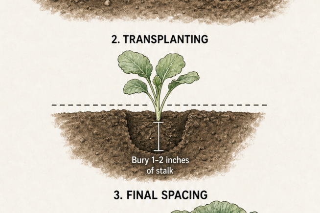 Botanical illustration showing cabbage spacing by growth stage, from sowing seeds indoors and outdoors to transplanting and final spacing for small and large...