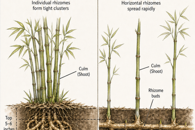 Cross-section illustration comparing clumping bamboo with tight rhizome clusters and running bamboo with rapidly spreading horizontal rhizomes.