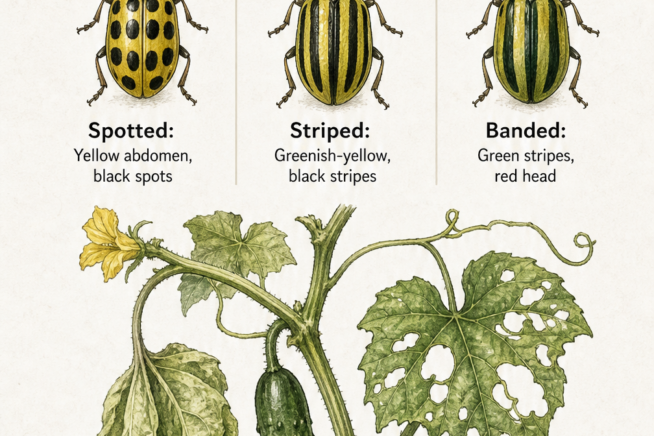 Botanical illustration showing spotted, striped, and banded cucumber beetles alongside a wilting cucumber vine with chewed leaves.