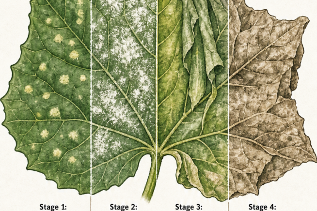 Botanical illustration showing the four stages of powdery mildew on a cucumber leaf, from light yellow spots to grayish-brown and dry.