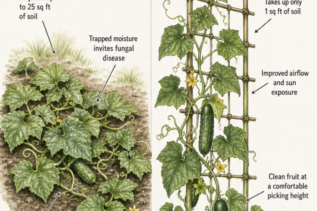 Botanical illustration comparing a sprawling cucumber vine taking up 25 square feet of soil with a vertically growing cucumber plant on a trellis taking up 1...