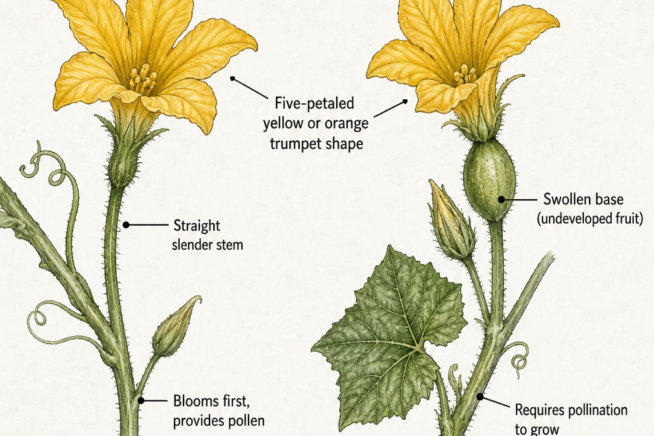 Botanical illustration showing the difference between male and female cucumber family flowers, highlighting the swollen base of the female flower.