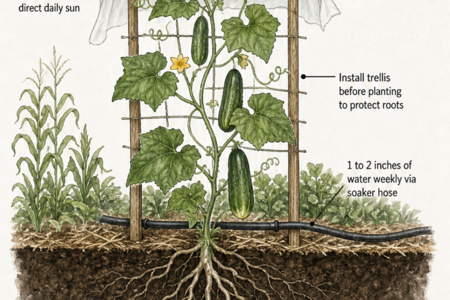 Cross-section of a garden bed showing a cucurbit vine growing on a trellis with a soaker hose and rich soil.