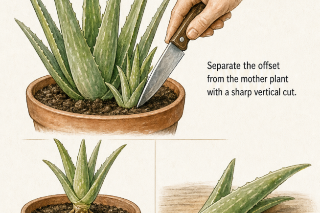 Illustration demonstrating how to separate an aloe vera pup from the mother plant and prepare it for planting.