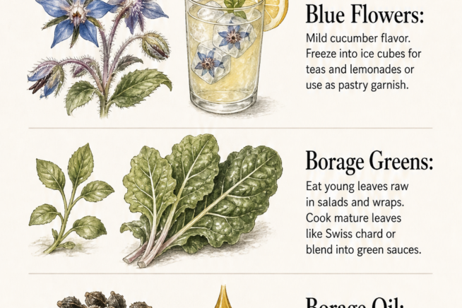 Watercolor illustration showing edible borage plant parts: blue flowers, green leaves, and seeds for oil.