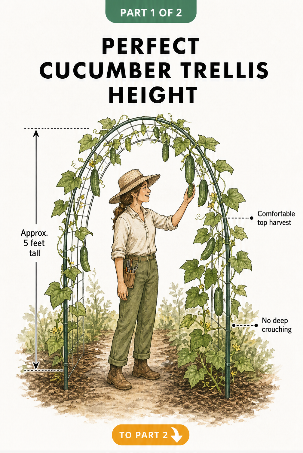 Illustration of a gardener standing next to an arched cucumber trellis showing ergonomic harvesting heights