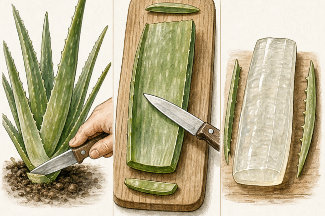 Illustration showing how to extract aloe vera gel by cutting the leaf base, slicing off the rind, and trimming the spiky edges.