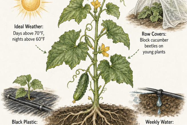 Illustration of a young cucumber plant showing ideal weather, row covers, black plastic mulch, and weekly watering needs for faster growth.