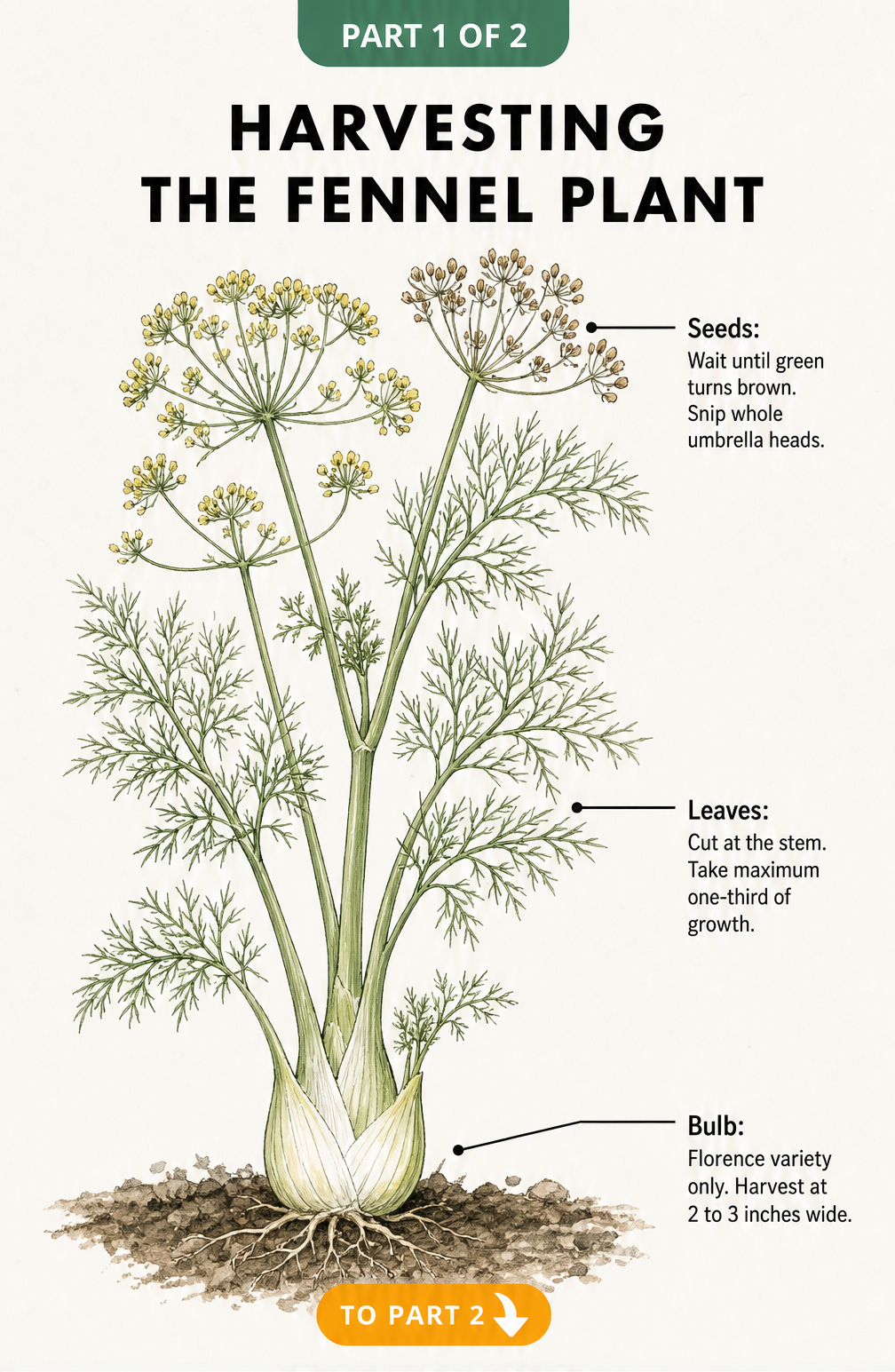 Botanical illustration of a fennel plant showing when to harvest seeds, leaves, and bulbs.