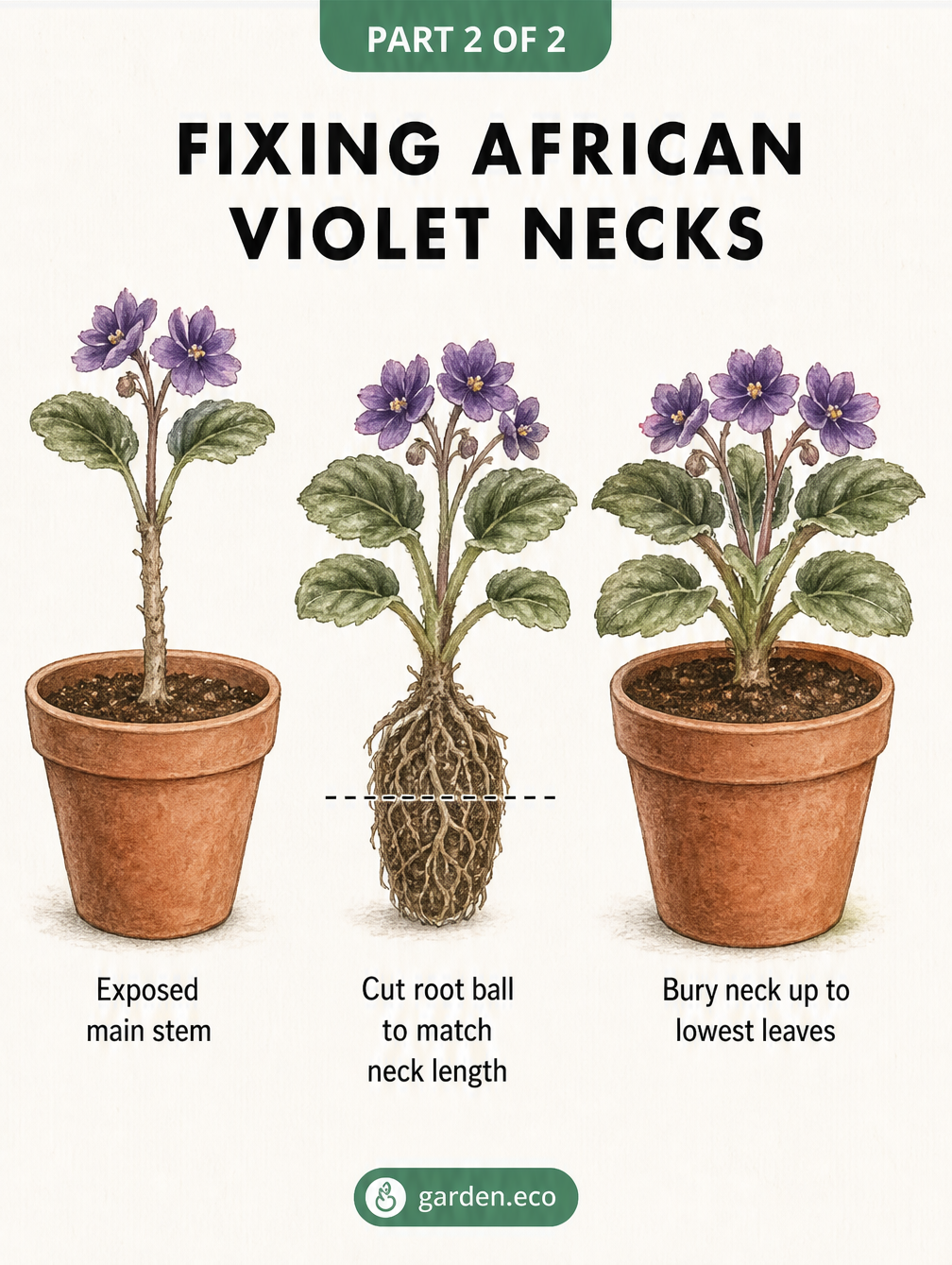 Three-step illustration showing how to fix an exposed African violet neck by cutting the root ball and burying the stem up to the lowest leaves.