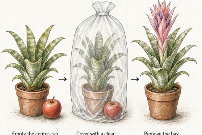 Three-step illustration showing how to force a bromeliad to bloom using an apple and a clear plastic bag.