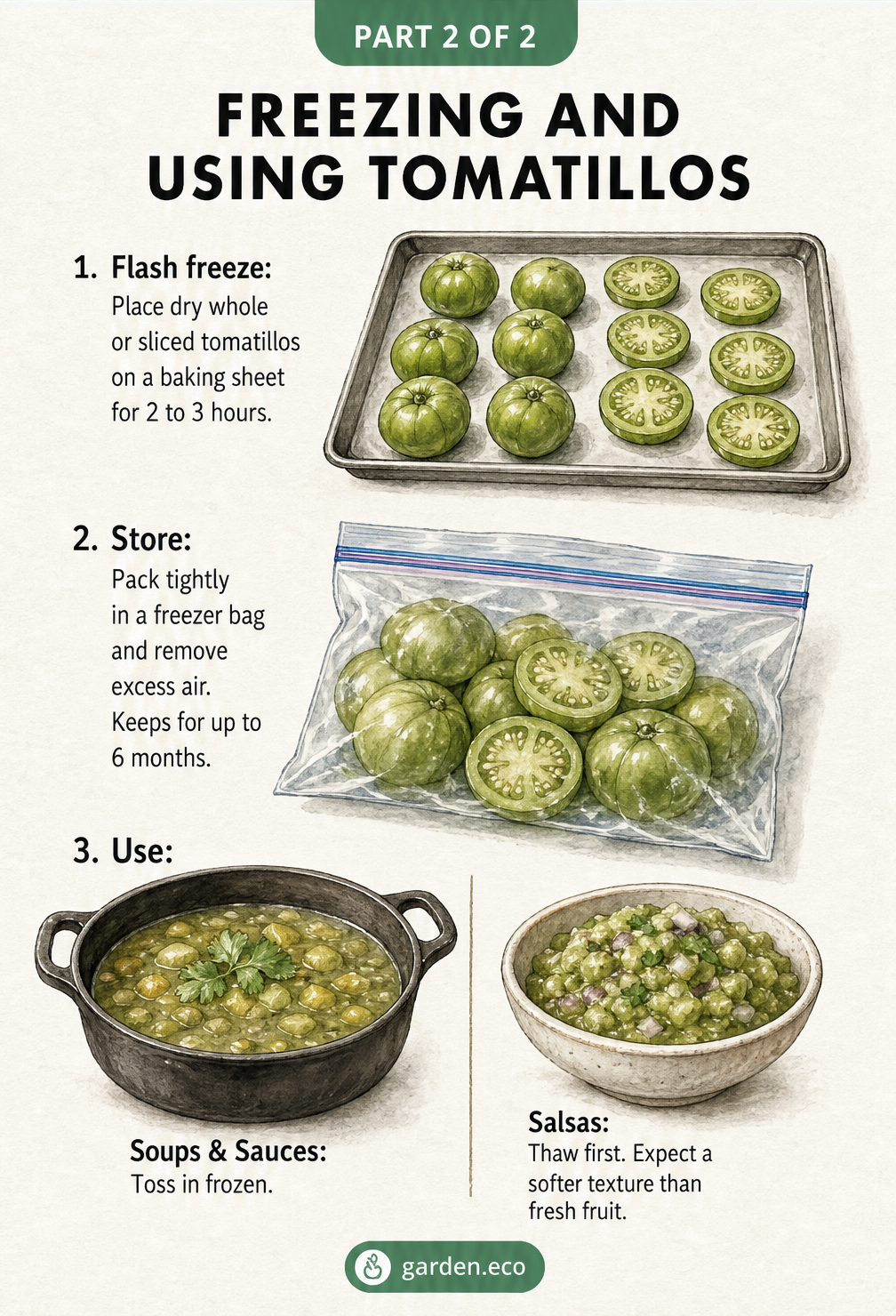 Illustration showing how to flash freeze tomatillos on a baking sheet, store them in a freezer bag, and use them in soups or salsas.