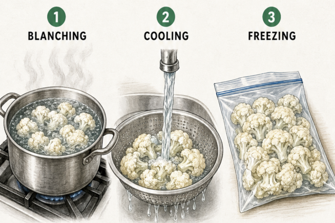 Three-step illustration showing how to freeze cauliflower florets: blanching in boiling water, cooling under cold water, and storing in a freezer bag