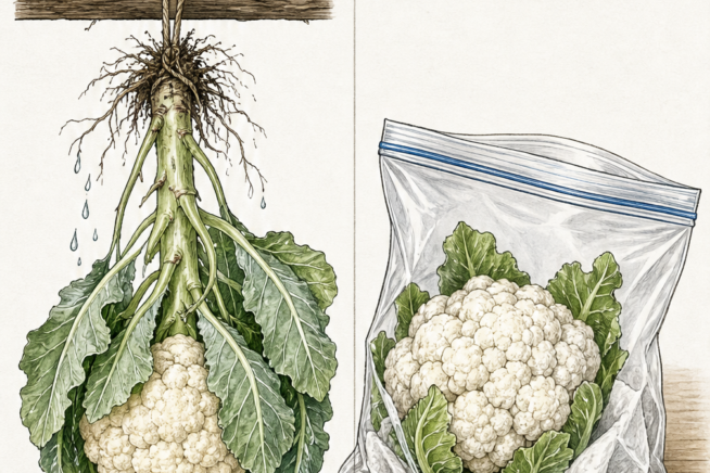 Illustration comparing traditional hanging of whole cauliflower plants with refrigerator storage of cauliflower heads in a plastic bag