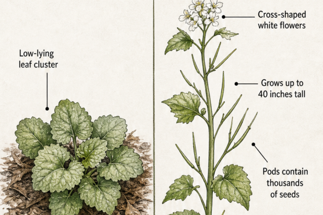 Botanical illustration showing the two-year life cycle of garlic mustard weed, featuring a first-year low-lying leaf rosette and a second-year tall stalk with...
