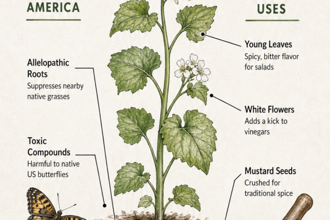 Illustration of a mature garlic mustard weed plant highlighting its invasive traits like allelopathic roots and toxic compounds, alongside its edible parts...