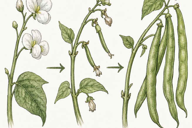 Botanical illustration showing the timeline of green bean flower development from blossom to harvest-ready pod