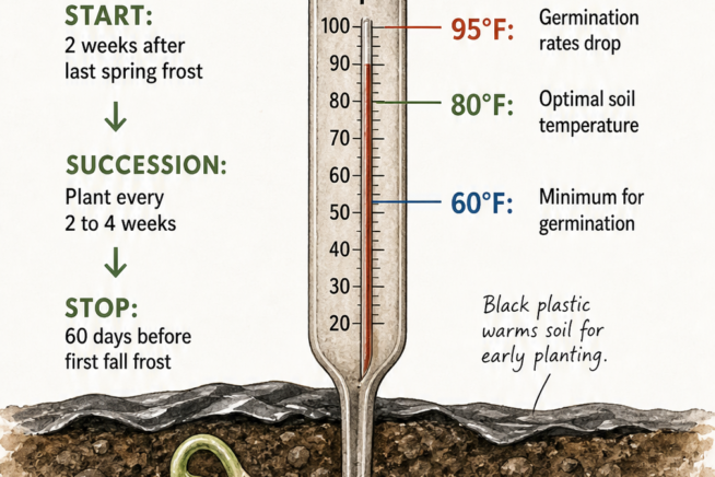Cross-section of garden soil showing a soil thermometer with optimal green bean germination temperatures and a seasonal planting timeline.