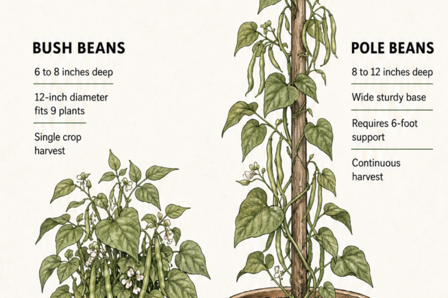 Illustration comparing bush beans in a shallow pot and pole beans in a deep pot with a support pole
