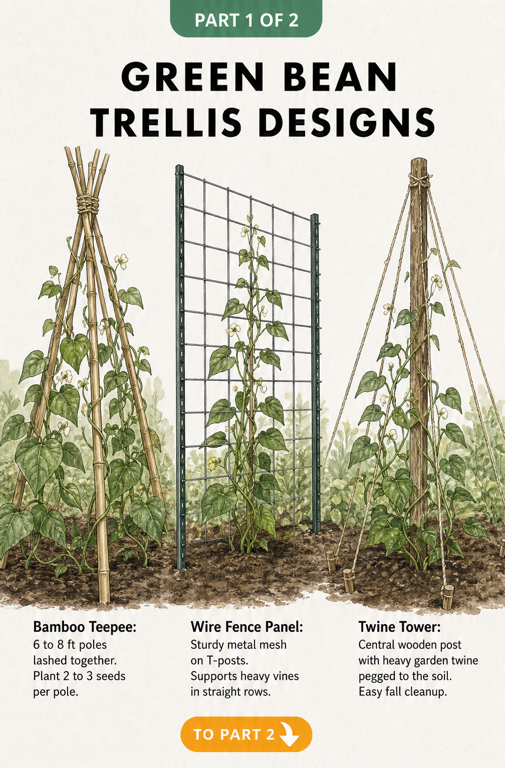 Botanical illustration showing three green bean trellis designs: a bamboo teepee, a wire fence panel, and a twine tower.