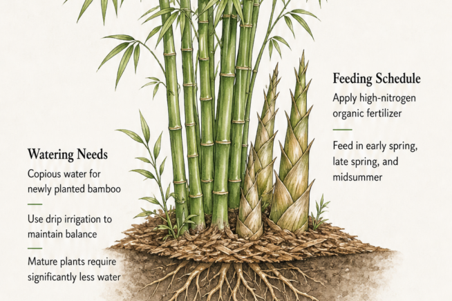 Illustration of a mature bamboo plant showing soil, watering, and feeding requirements.