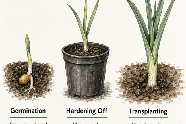 Three stages of growing leeks from seed including germination, hardening off, and transplanting