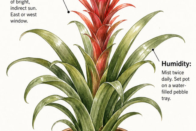 Botanical illustration of Guzmania lingulata showing light, water, and humidity care requirements
