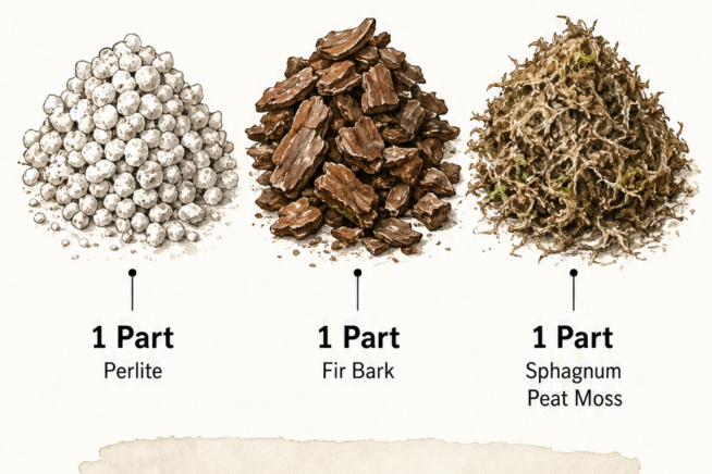 Visual recipe for Guzmania lingulata potting mix with equal parts perlite, fir bark, and sphagnum peat moss