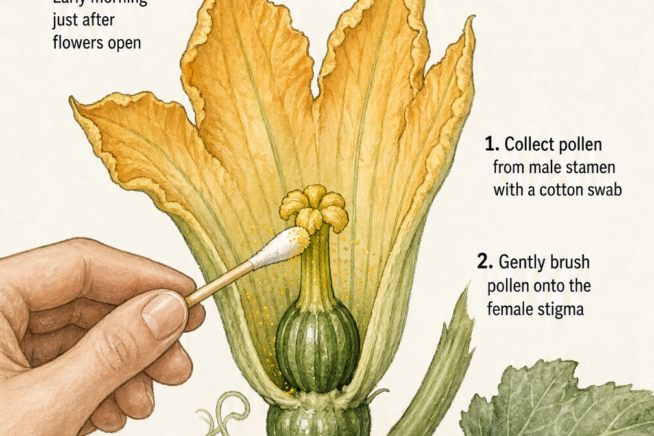 Close-up illustration of hand-pollinating a female zucchini flower using a cotton swab.
