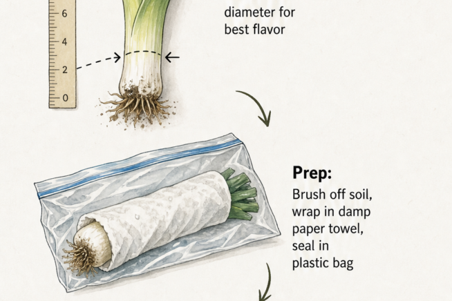 Illustration showing how to harvest and prep leeks for storage, including brushing off soil and wrapping in a damp paper towel.