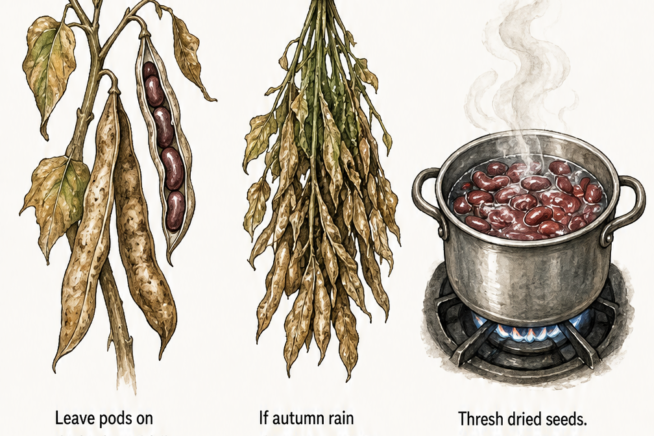 Three-part illustration showing how to harvest dry kidney beans, cure the plant upside down, and safely boil raw beans.