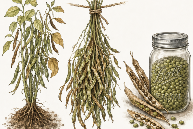 Illustration showing how to harvest, dry, and store mung beans in jars