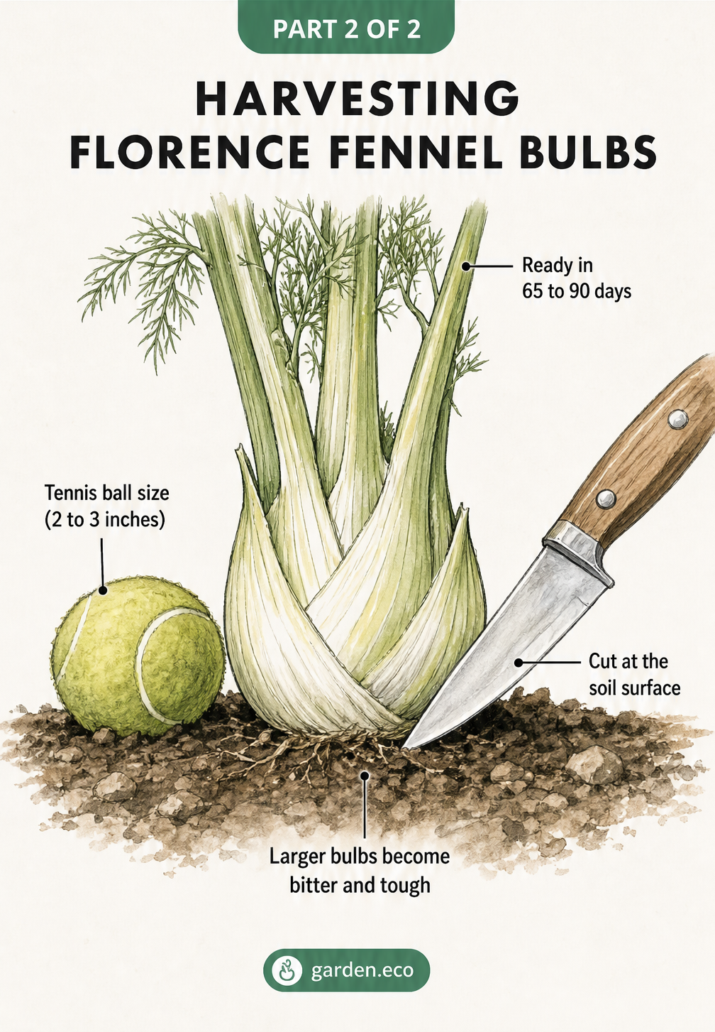 Close-up illustration of a Florence fennel bulb being cut at the soil surface, with a tennis ball for size reference.