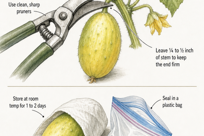 Illustration showing how to cut a lemon cucumber from the vine with pruners and how to wrap it in a paper towel for fridge storage.