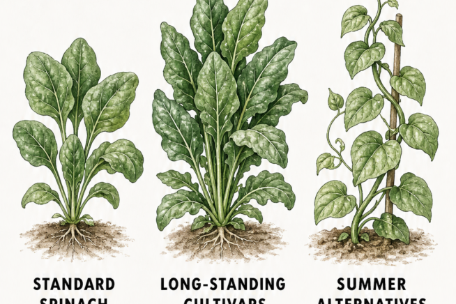 Botanical illustration comparing standard spinach, long-standing heat-tolerant cultivars like Olympia, and summer alternatives like Malabar and New Zealand...
