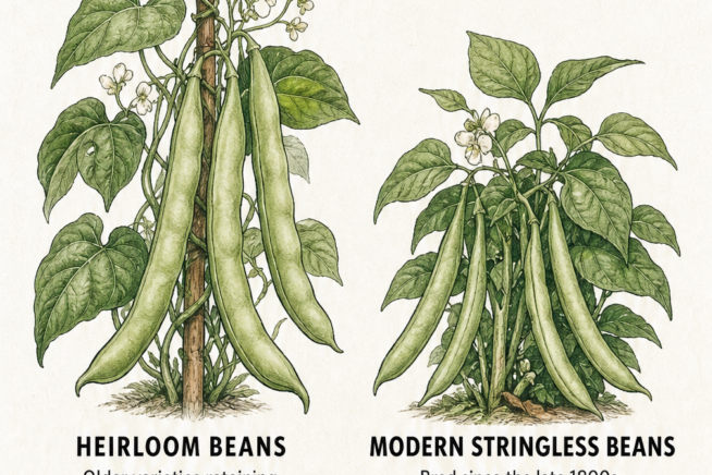 Comparison illustration of heirloom pole beans with tough strings versus modern stringless bush beans