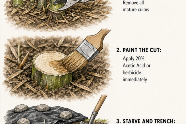 Three-step illustration showing how to clear stubborn bamboo: cutting culms to the ground, painting the stump with herbicide, and digging a trench to cut...