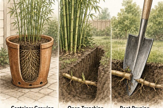 Illustration of three methods to control bamboo growth: container growing, open trenching, and root pruning with a shovel