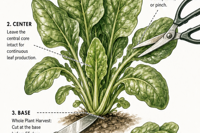 Detailed botanical illustration showing scissors cutting the outer leaf stems of a mature spinach plant.