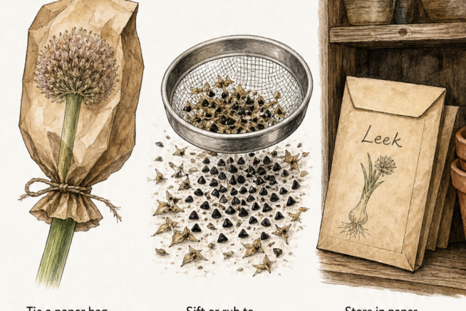 Three-step illustration showing how to save leek flower seeds: tying a paper bag over the flower, sifting the seeds, and storing them in a paper envelope.