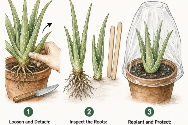 Three-step illustration showing how to loosen, inspect, and replant an aloe vera pup.